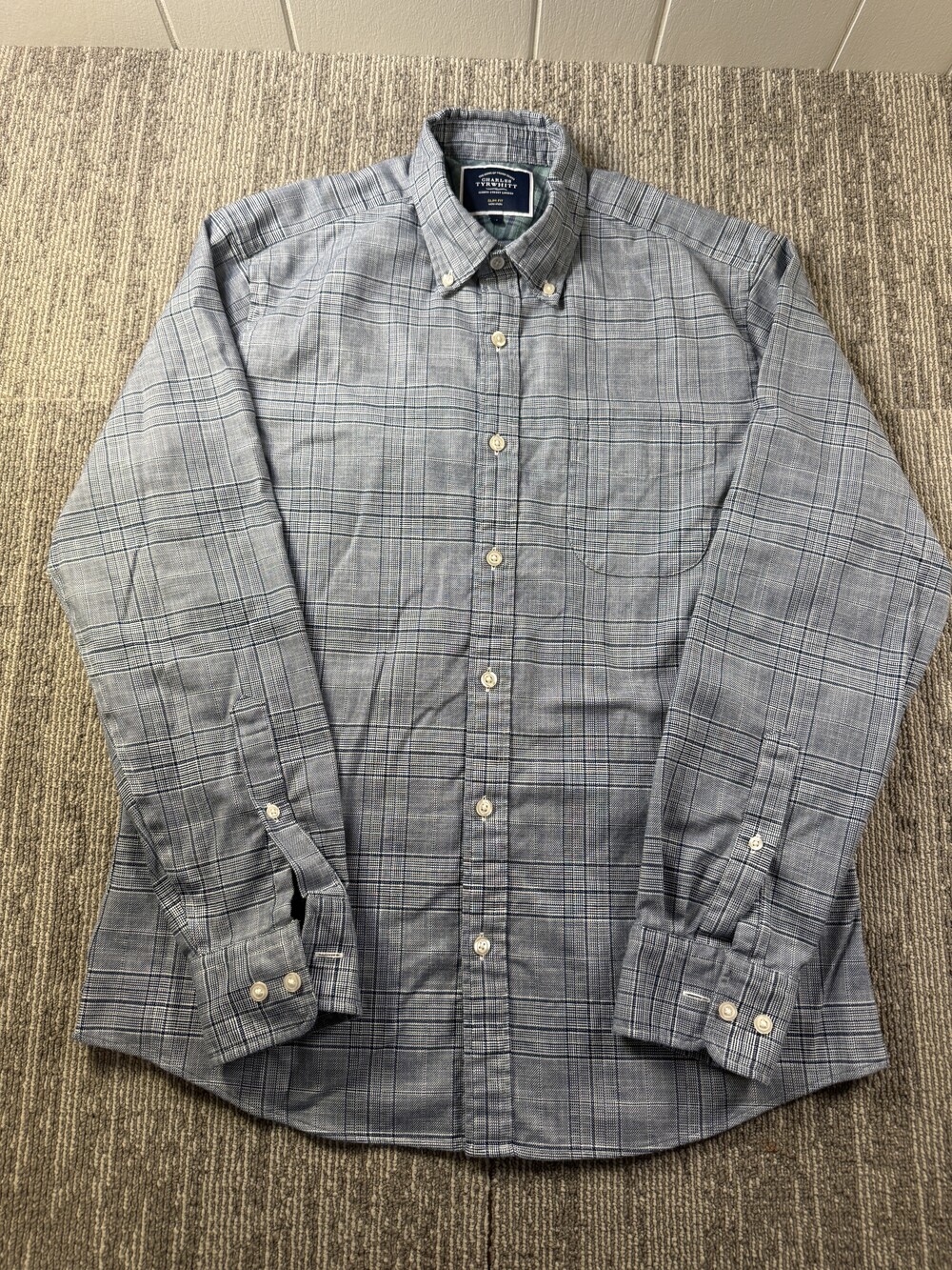 Charles Tyrwhitt Dress Shirt Mens M Blue Plaid Slim Fit Non Iron LS Business